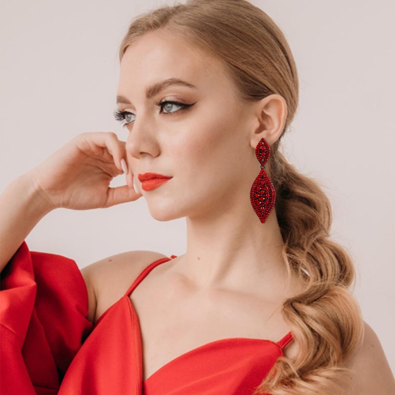 Flyonce Women's Rhinestone Crystal Wedding Bridal 2 Leaf Drop Dangle Chandelier Earrings Large Big Long Statement Earring Jewelry for Cocktail Prom Party Red Black-Tone 3.3" - Image 4